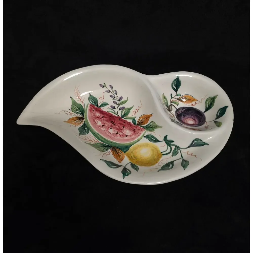 VNTG Italian Hand Painted Ceramic Divided Leaf ServingDish Watermelon LemonFruit